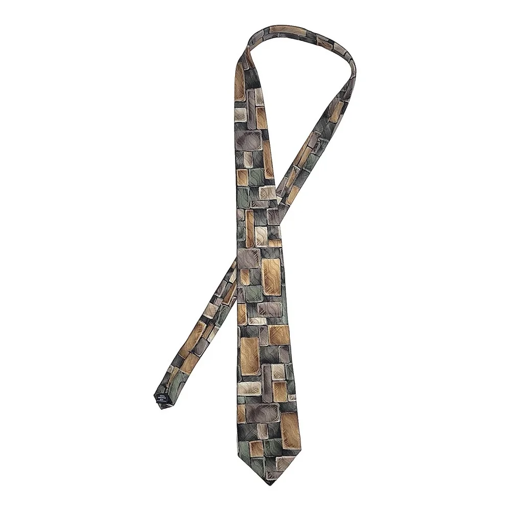 ZYLOS George Machado Silk Necktie Brown Green Gold‎ Abstract Mosaic Block USA